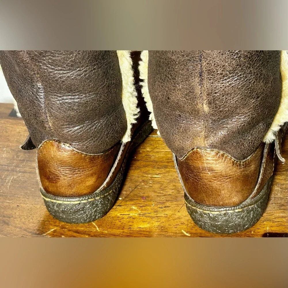 Vintage Born Western Leather Shearling Knee High Boots in Brown & Cream, Size 7